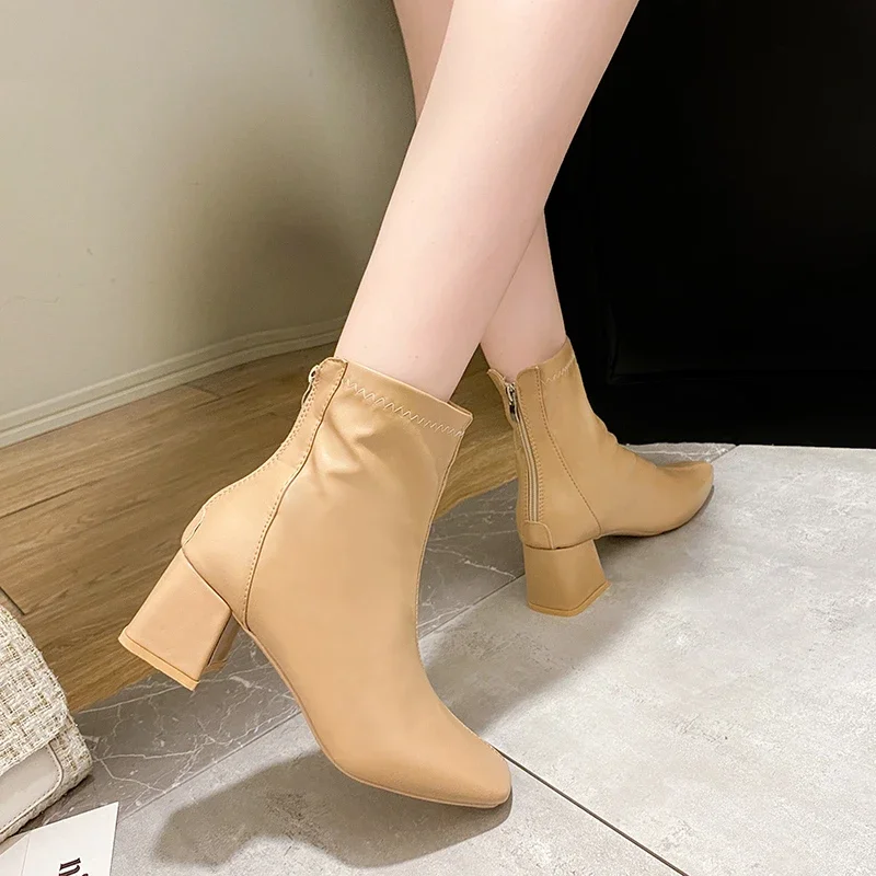 Casual Women's Thick Heel Medium Heel Boots Women's 2024 New Winter Square Toe Back Zipper Heightening Short Boots