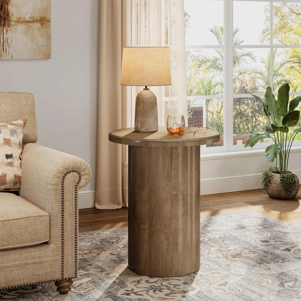 Petite table d'appoint de style ferme marron rustique avec base cannelée pour le salon, table de chevet d'appoint de 20 pouces