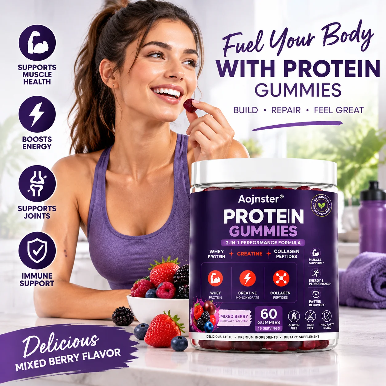 Protein Gummies 3-in-1 Formula, Whey Protein + Creatine Monohydrate + Collagen Peptides,Gluten Free Dietary Supplement