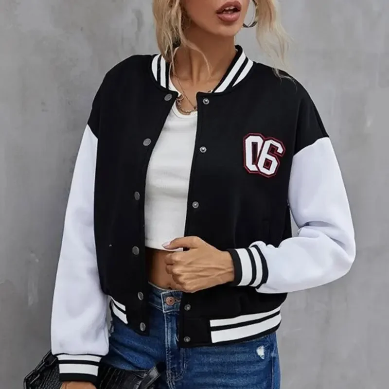 Women College Style Baseball Jacket Letter Print Long Sleeve Varsity Tops Fall Winter Harajuku Coat Vintage Bomber Jacket