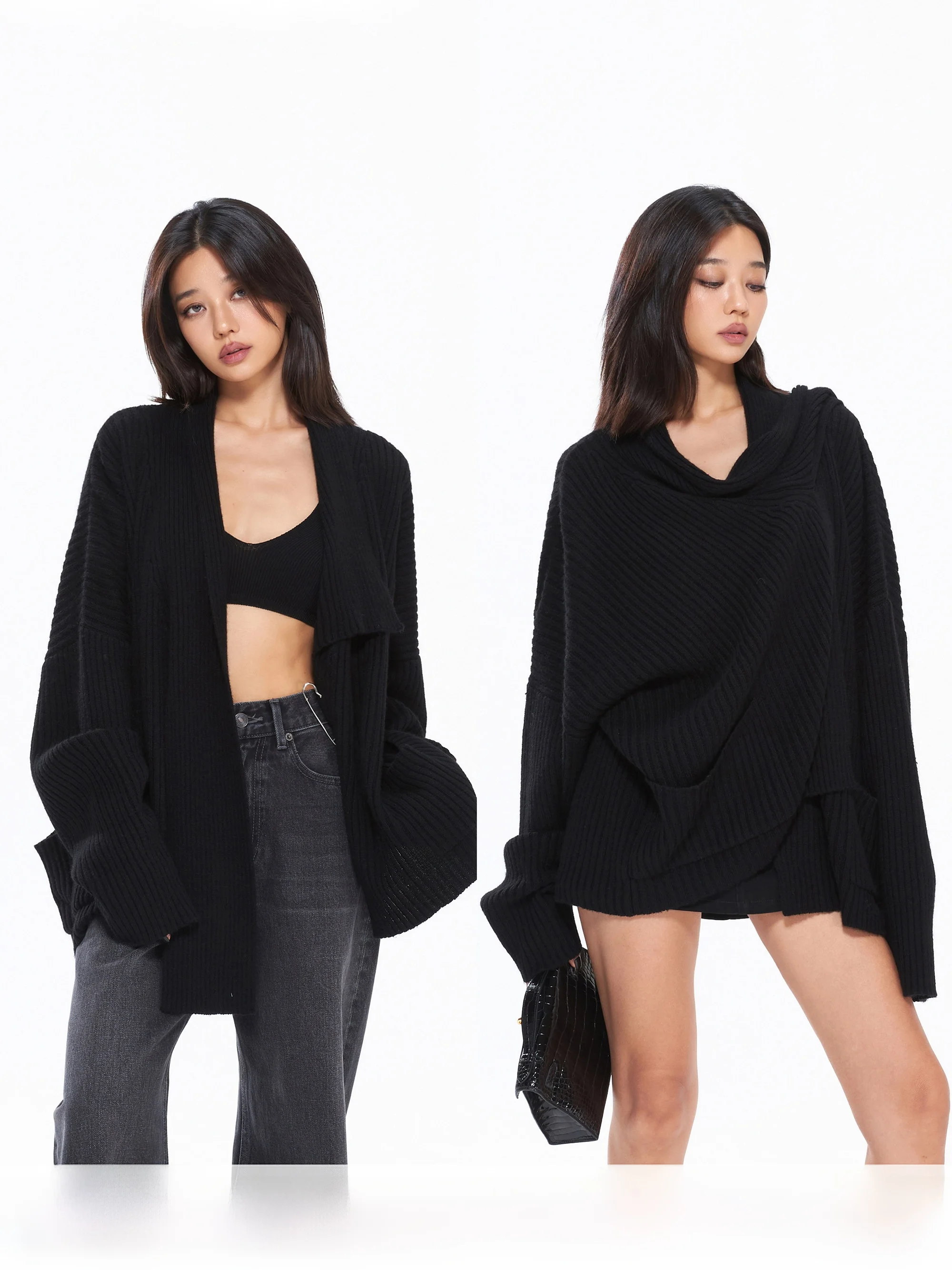 

MIRANDA SONG Heavyweight Camere Knit Lazy oulder Open Cardigan Women's Autumn Winter Thi Long Sve Color Coat