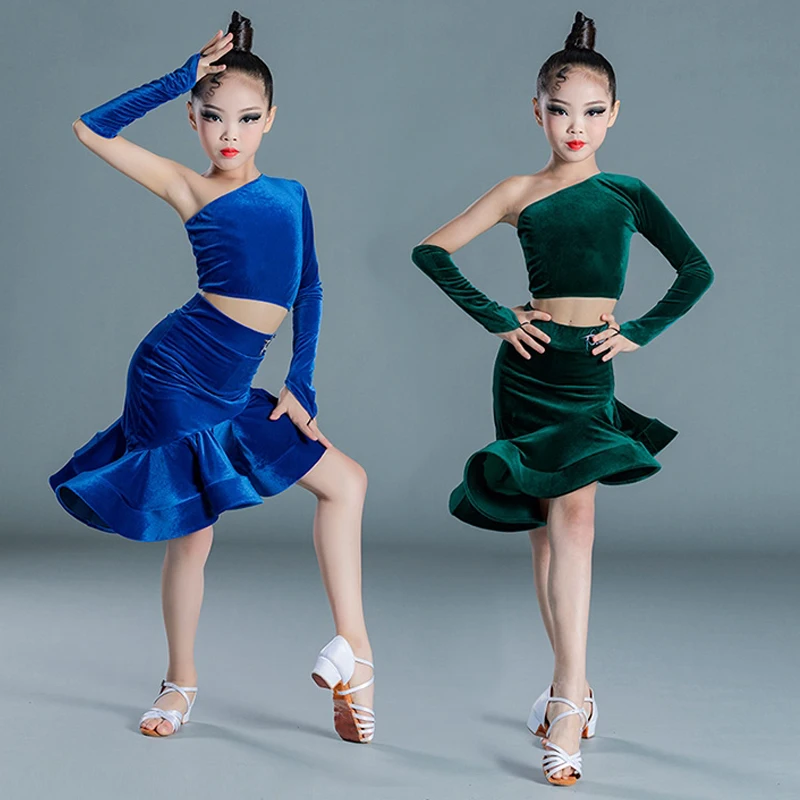 Girls Velvet Latin Dance Clothes Slant  Shoulder Tops Fishtail Skirt Performance Costume Cha Cha Rumba Tango Dance Dress BL13990