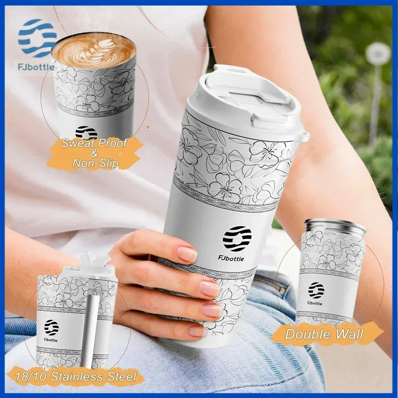 

FJbottle Изолированная кофейная кружка с двойными стенками, термос из нержавеющей стали, соломенная соломенная чашка для домашнего офиса, кофе двойного назначения