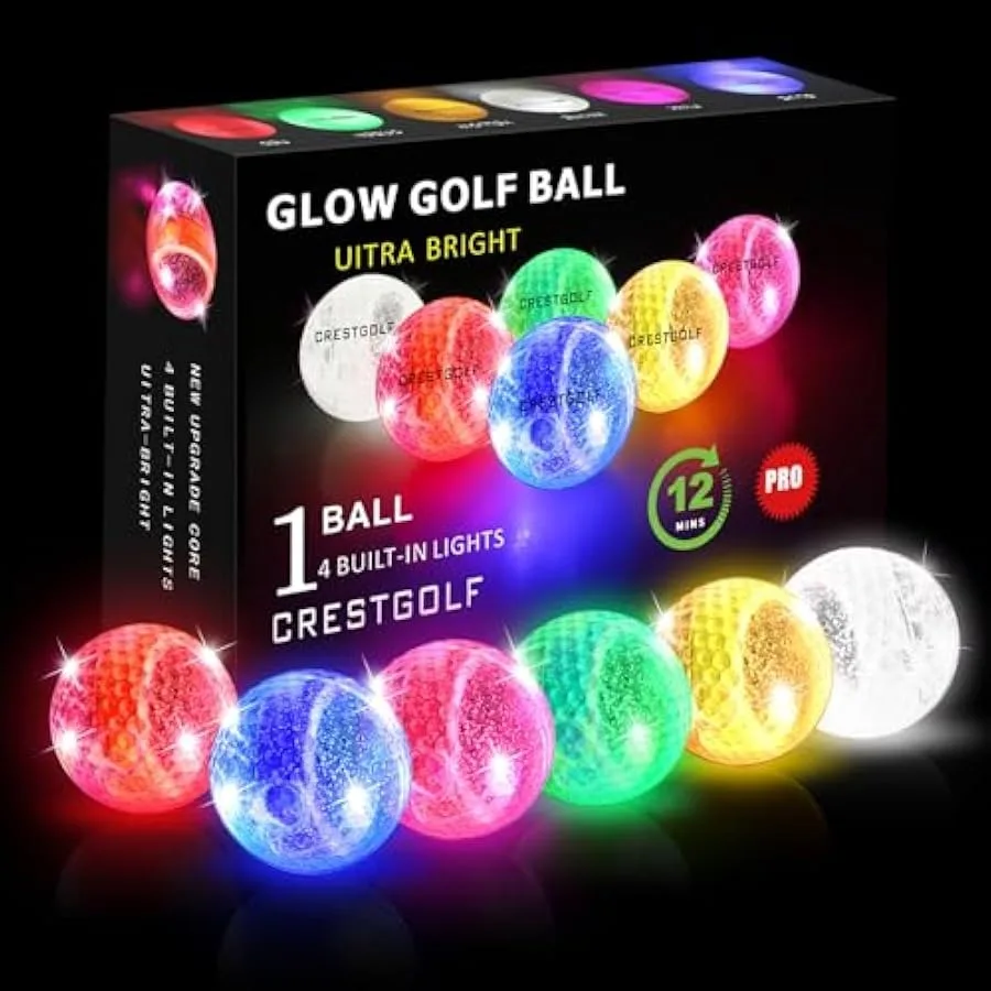 

Crestgolf Glow in The Dark Golf BallsGlow Ball with 4 Lights with 12Minute Reset Timer Super Bright in Dark Light Up LED Golf B