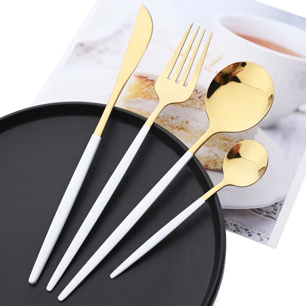 6 People White Gold Dinnerware Cutlery Set Western Mirror Stainless Steel Tableware Knife Fork Spoon Flatware Kitchen Silverware