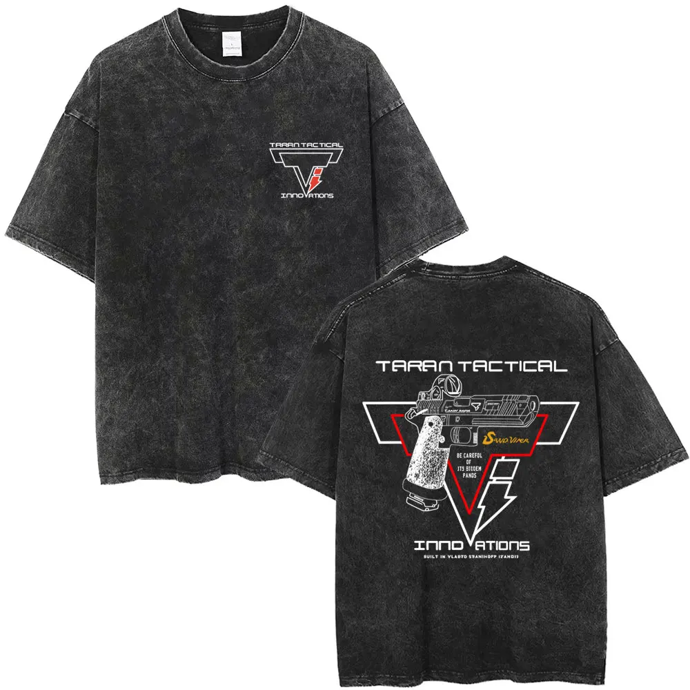 

Washed Vintage Taran Tactical Pistol Print Super Elastic T-shirt Men Women Fashion Cotton Retro T Shirts Oversized Streetwear