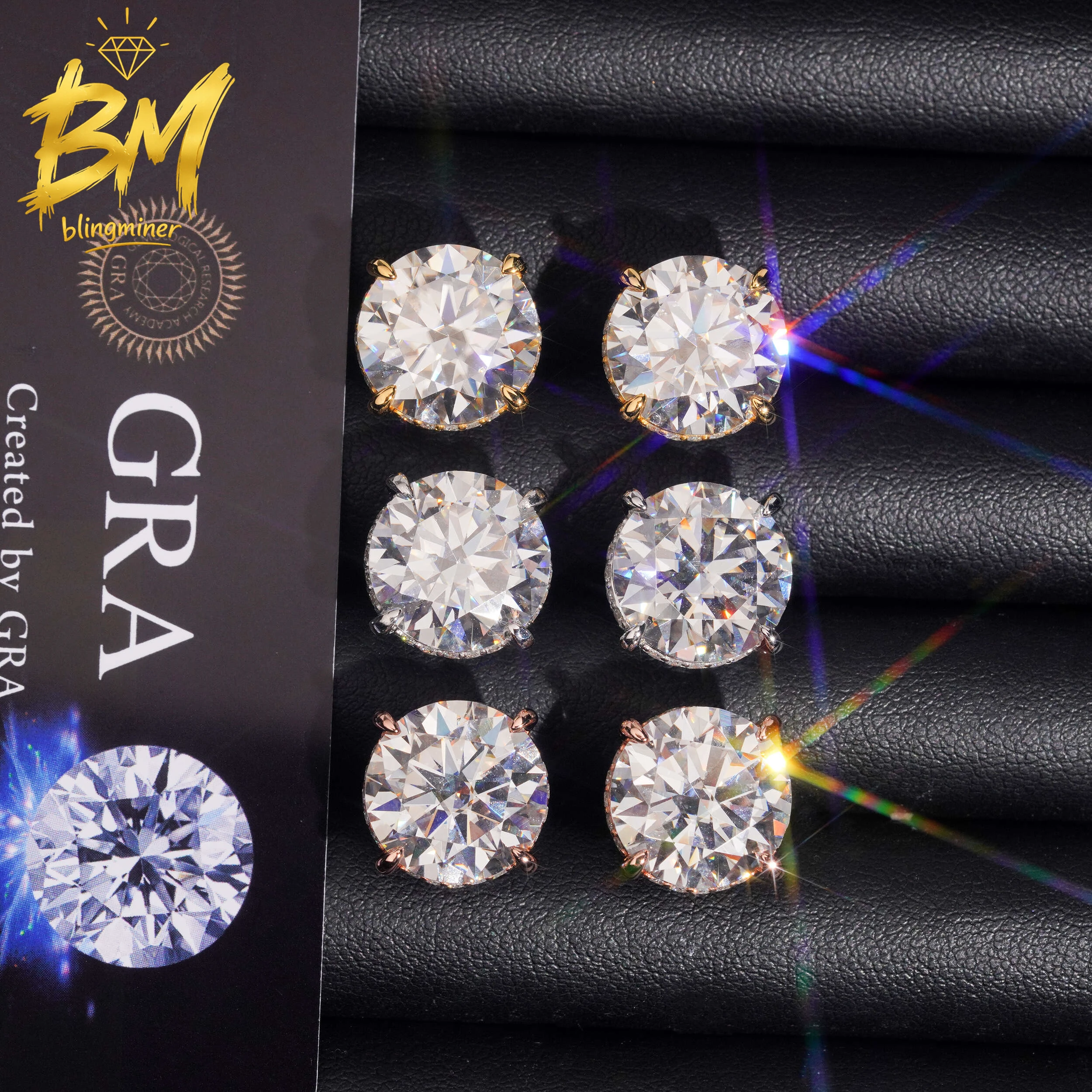 Blingminer 13mm Round VVS Moissanite Earrings For Men Women S925 Silver Iced Out Earrings Pass Diamonds Tester GRA Free Shipping