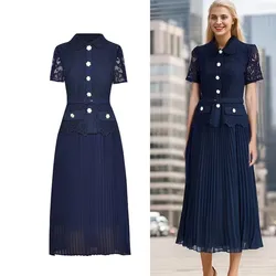 Runway Summer Lace Hollow Out Two Piece Set Eletant Women Doll Collar Embroidery Belt Shirt Top +Chiffon Pleated Midi Skirt Suit
