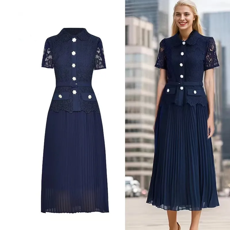 Runway Summer Lace Hollow Out Two Piece Set Eletant Women Doll Collar Embroidery Belt Shirt Top + Chiffon Pleated Midi Skirt Suit