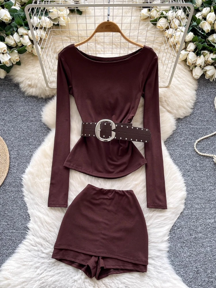 

Y2k Горячий комплект из 2 предметов для девочек, сексуальный наряд с поясом на талии, тонкая футболка с длинными рукавами, женская облегающая юбка с запахом, брючный костюм, новинка 2025 г.