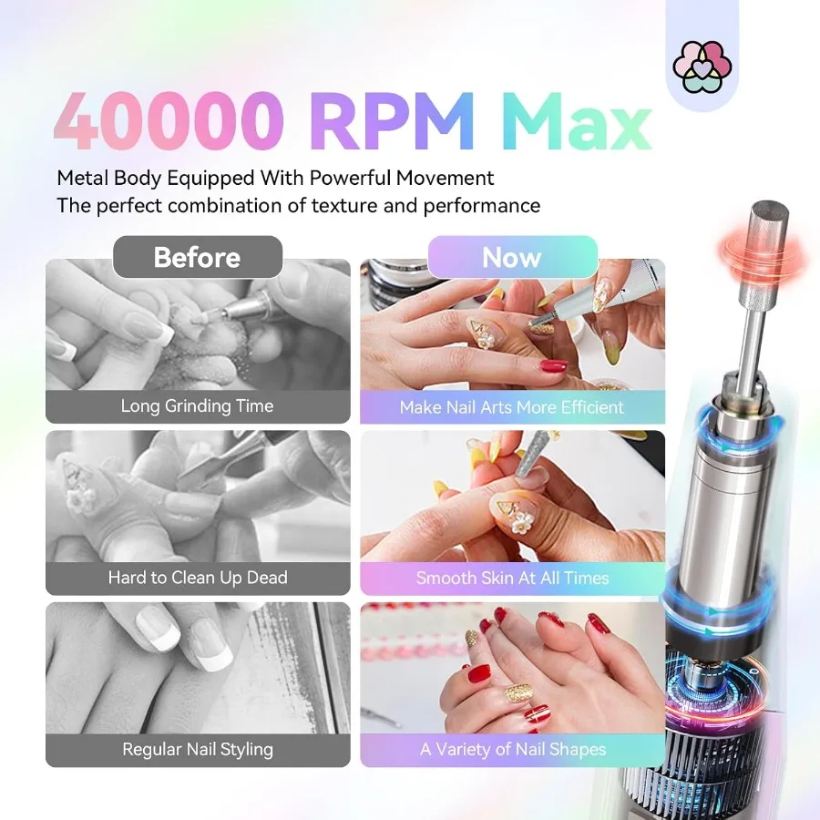 Advance Nail Drill for Acrylic Nails Professional: 40000RPM HighSpeed Rechargeable Electric Nail File with 6000mAh Battery Capa