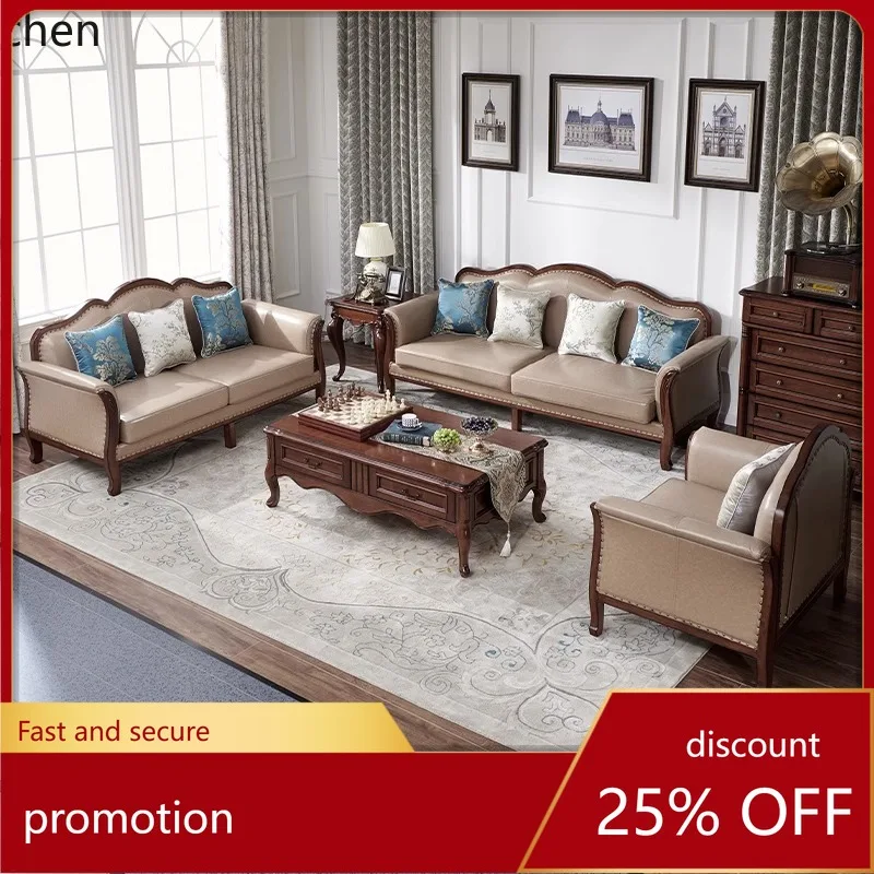 

Hxl solid wood sofa genuine leather three-seater living room retro furniture
