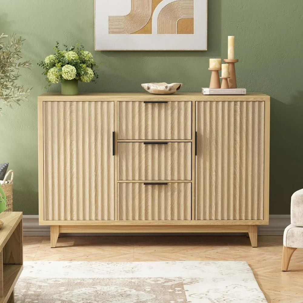 

47.2" W Storage Cabinet with 3 Drawers, Fluted Buffet Cabinets with Storage, Large Sideboard with 2 Door, Modern Mid Century TV