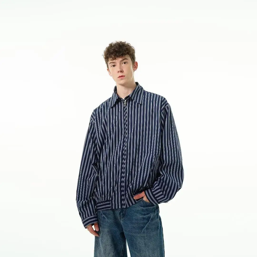 Autumn High-end Men's Clothing Korean Fashion Short Striped Jackets for Men Lapel Zipper Casual Loose Bomber Jacket Men