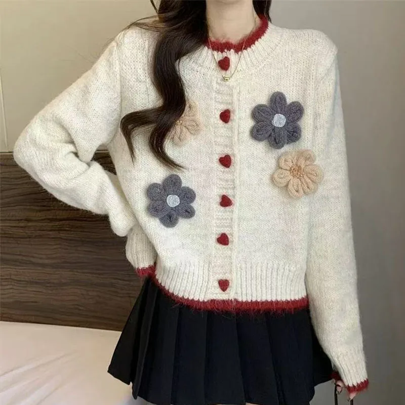Jesienno-zimowy sweter damski z okrągłym dekoltem, dzianinowy kardigan w kwiaty, nowy temperament.