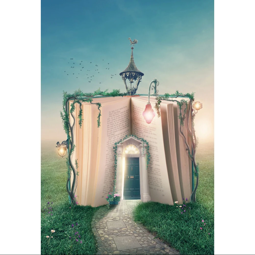 

Laeacco Fantastic Magic Books Backdrop Green Grassland The Road to Fantasy Baby Shower Birthday Portrait Photography Background