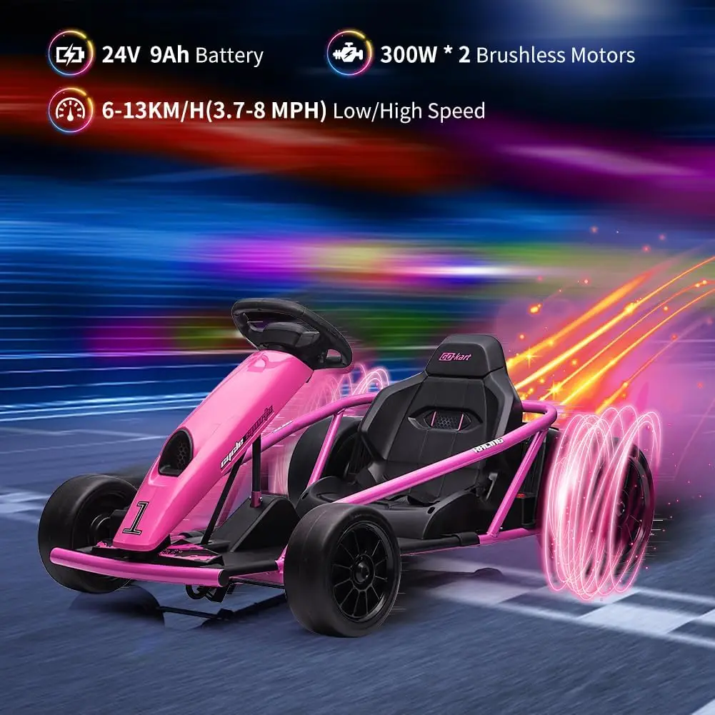 24V Go Kart Car for Kids 9Ah Battery 2 x 300W Motors 8.1Mph Fast Speed Drifting Circling Riding Racing Car Max Load 155Lbs 3-11Y