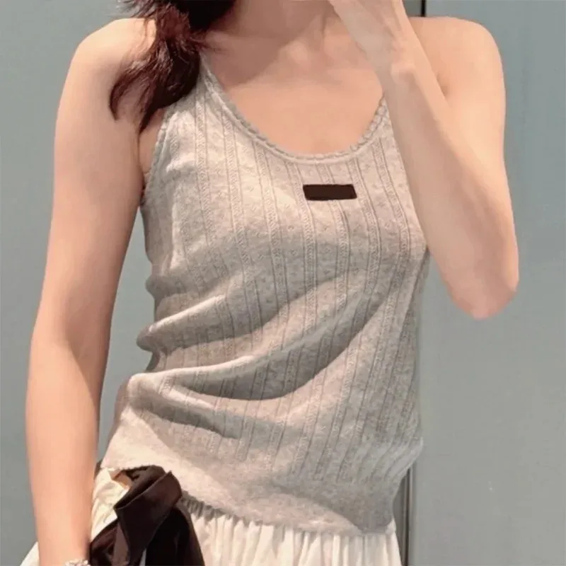 

High-quality women's semi-circular edge vest blouse with fine needle stitching in gray, basic casual style 2562058