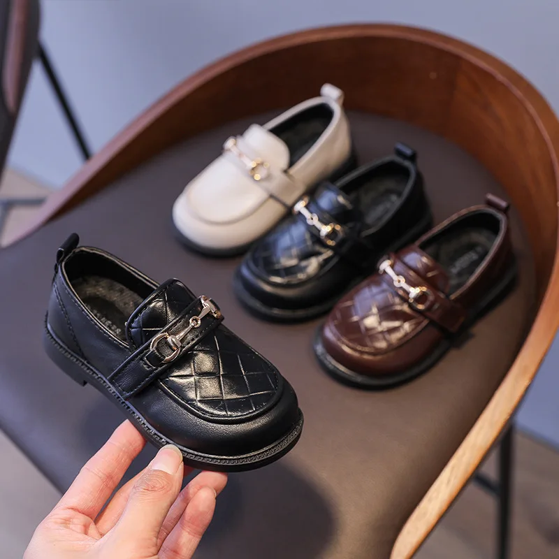 

Retro Britain Boys Leather Black Shoes New Rhombus Fashion Versatile Girl Metal Soft Spring Breathable Non-slip Children Loafers