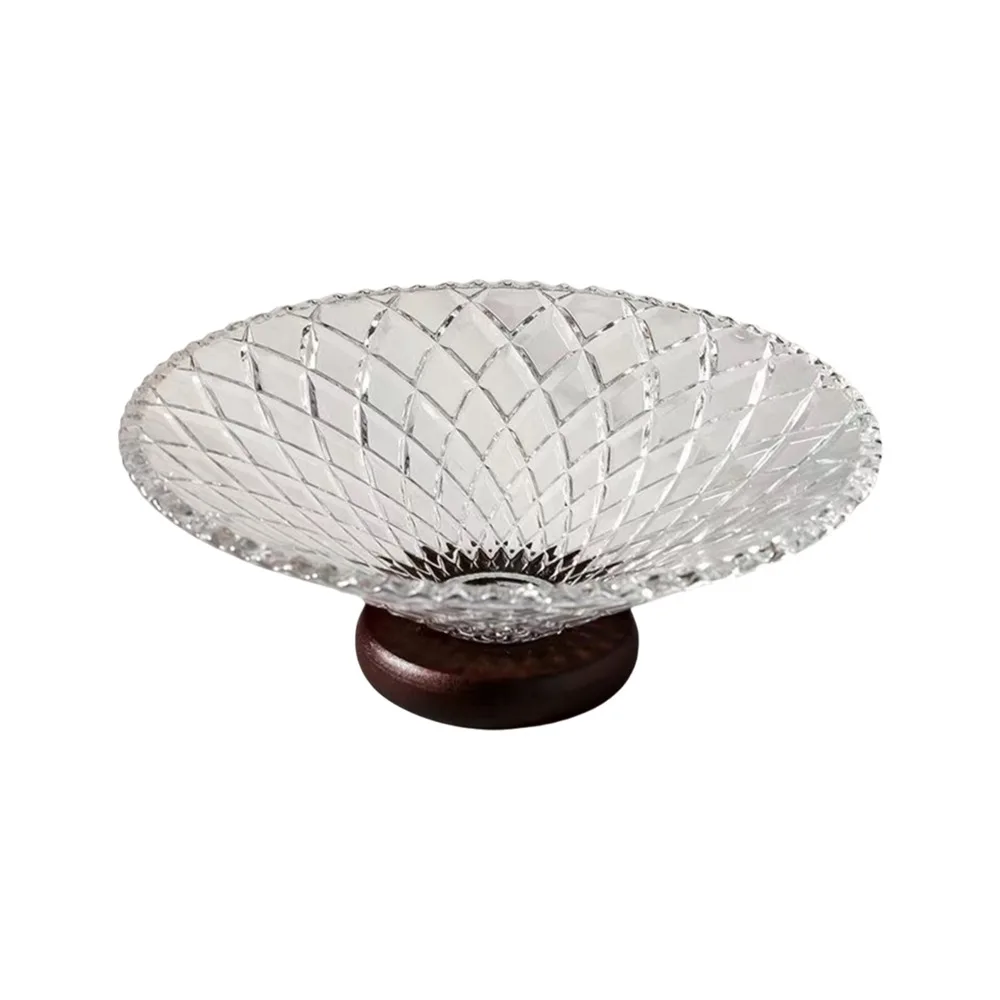 

Transparent French Glass Berry Tray Large Capacity Decorative Fruit Plate Wood Base Dry Fruit Placed Tray for Snacks Candy
