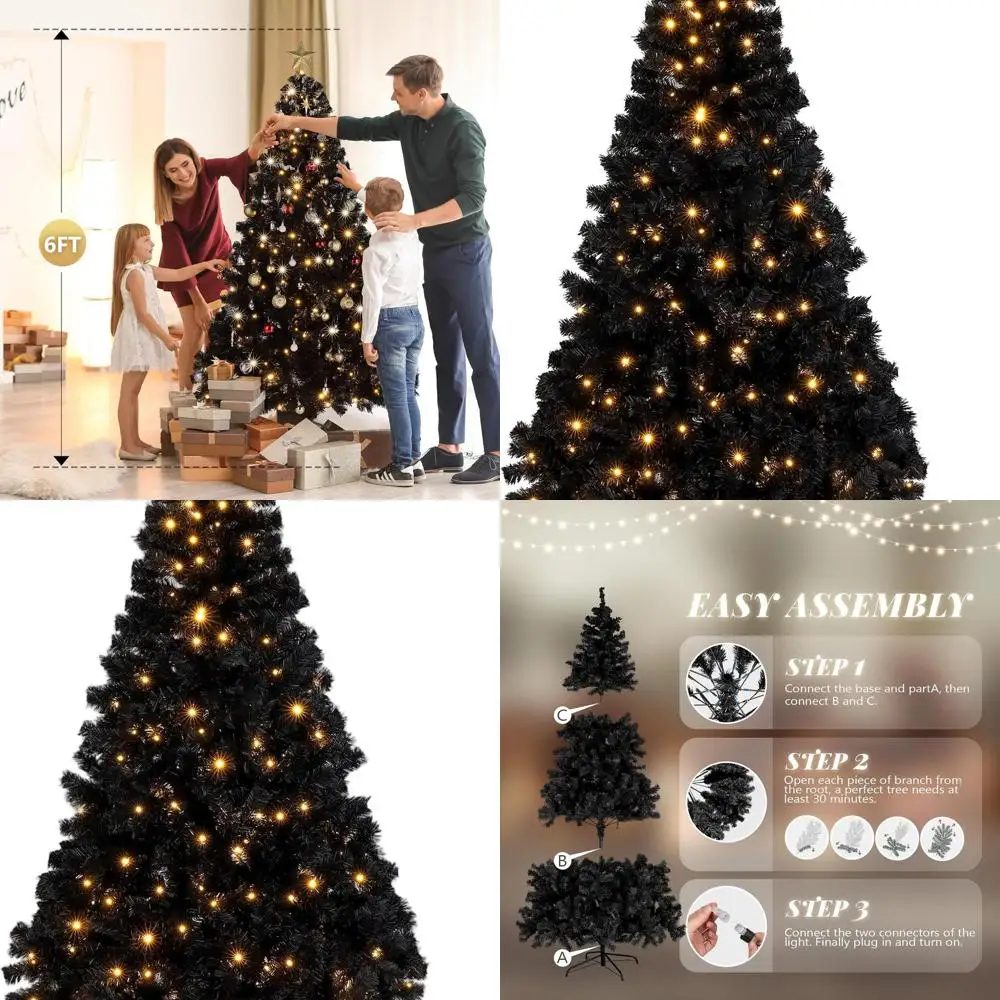 

Черная рождественская сосна высотой 6 футов с предварительной подсветкой и 250 светодиодными фонарями, 8 вариантами цвета, прочная подставка, полные кончики ветвей для праздничного декора