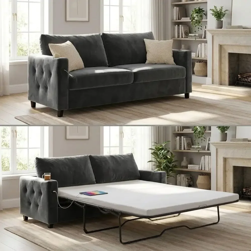 Full Size Sleeper Sofa with Built-In Cup Holder and USB Ports, 2-in-1 Convertible Couch with Memory Foam Mattress for Living Roo