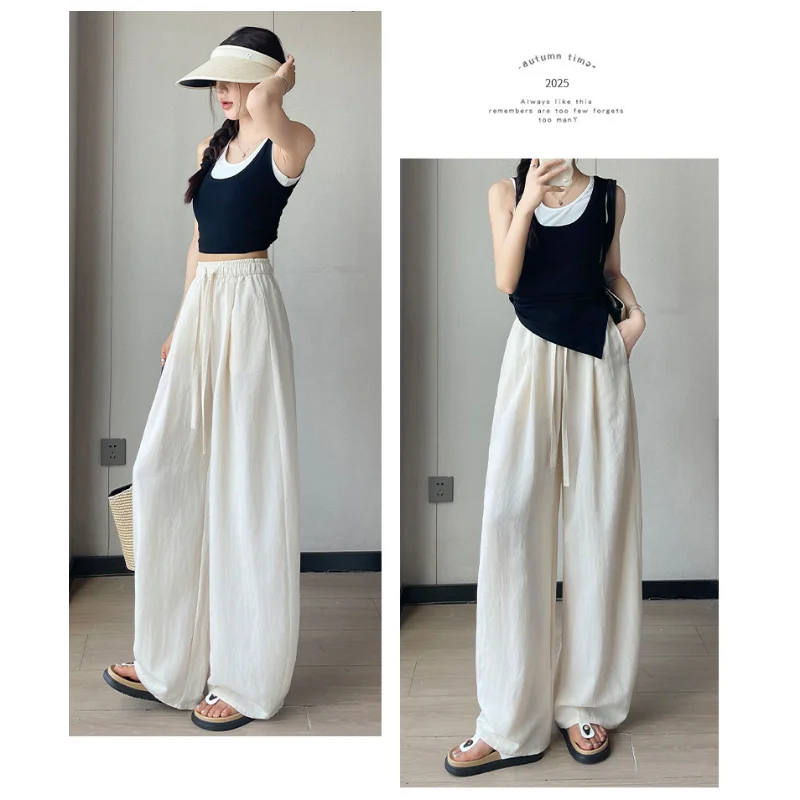 Pantalon à jambes larges en lin lavé pour femmes, été, ourlet fin et incurvé, ample, décontracté, en coton et lin