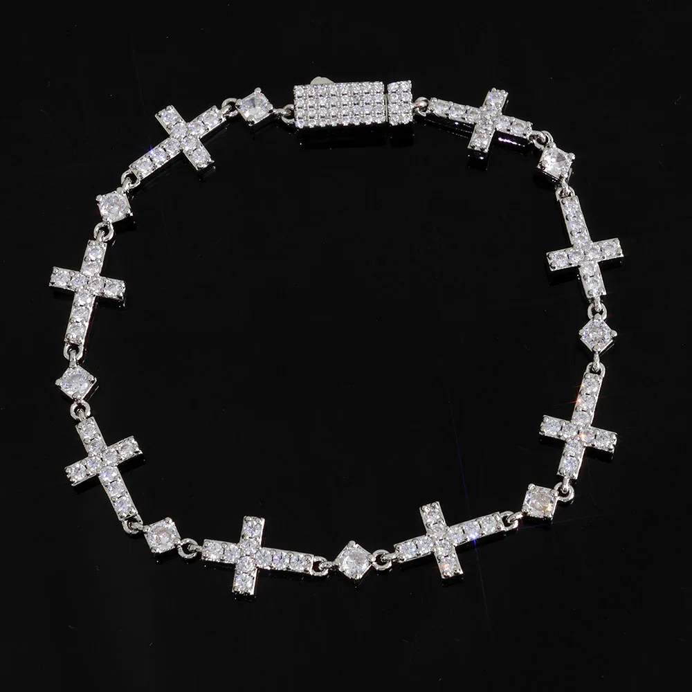 

HHIOK Customized 5mm Spring Buckle Cuban Bracelet Iced CZ Zircon Small Round Bead Cross Exquisite Men's and Women's Jewelry