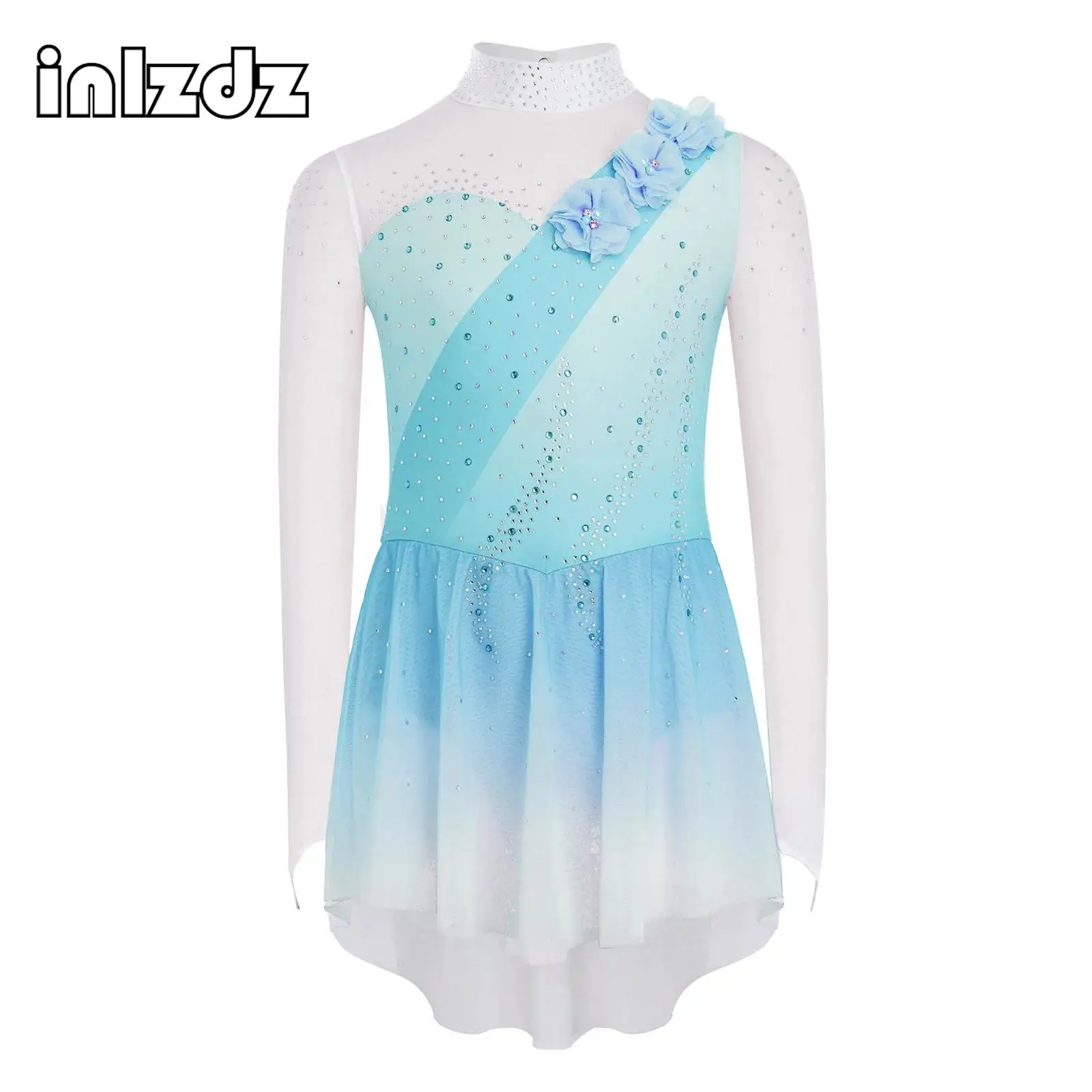 

Kids Girl Figure Ice Skating Costume Long Sleeves 3D Flowers Rhinestones Dance Dress Ballet Lyrical Modern Performance Dancewear