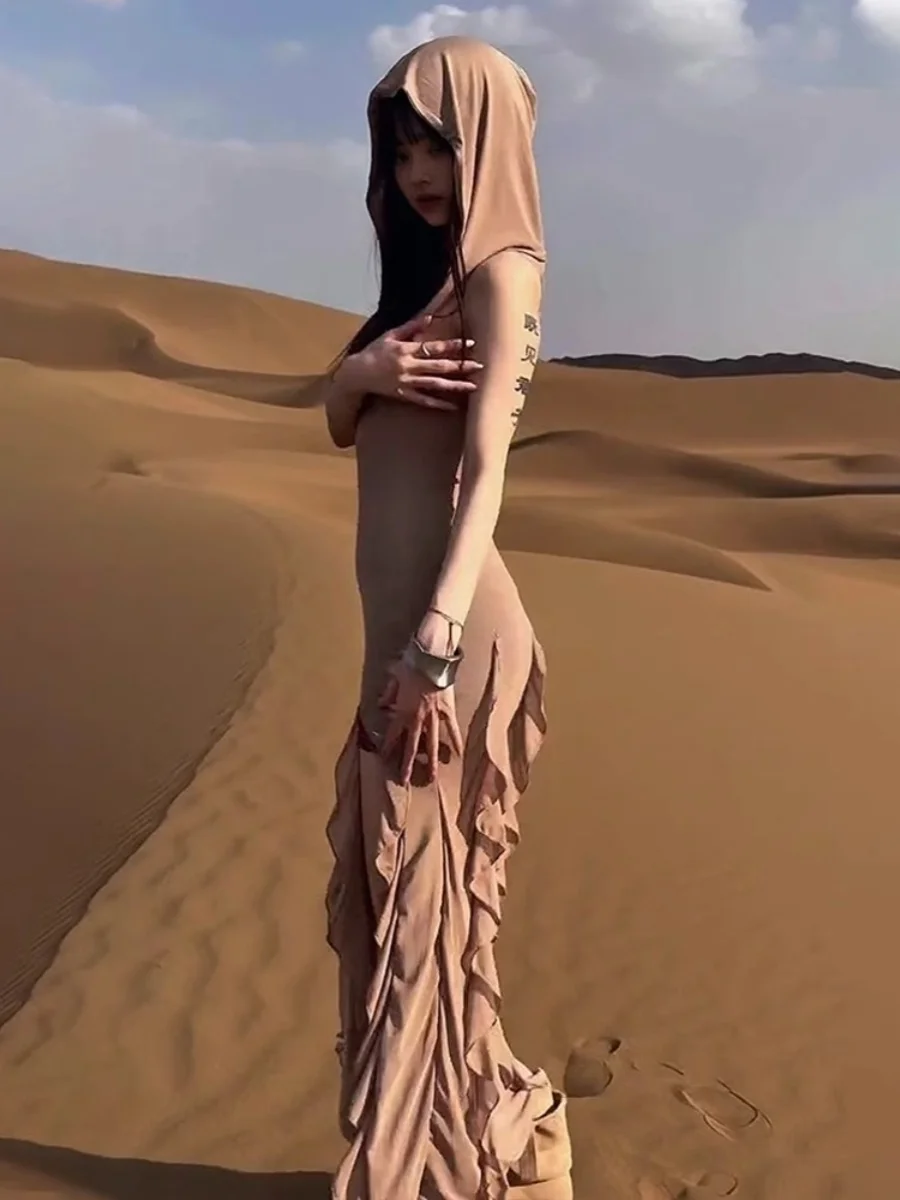 Desert Theme Asymmetric Hemline Hooded Dr Women's Summer Travel Casual Sle High Waist Slim Fit Long Skirt Maxi Dr