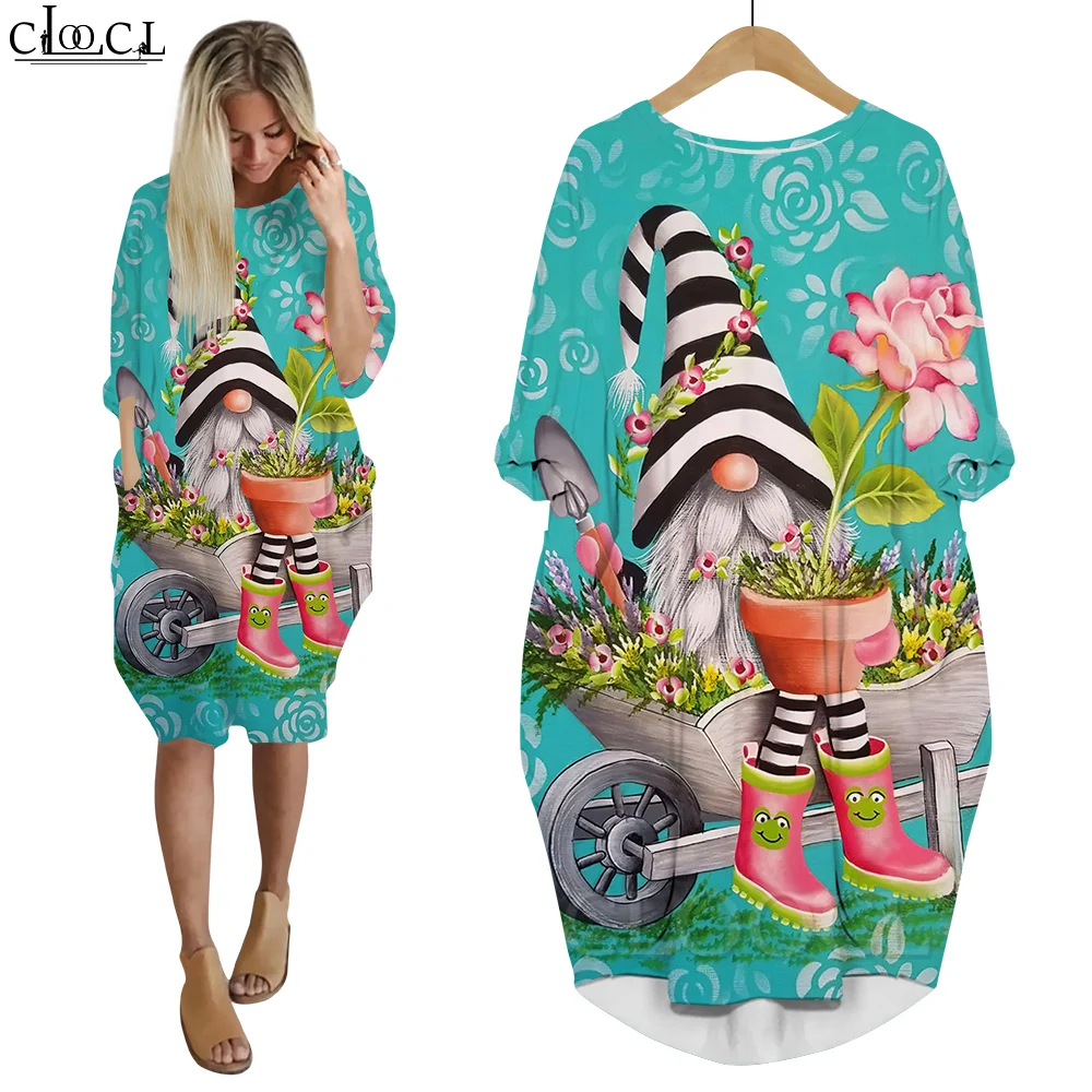 

CLOOCL Dresses Women Long Sleeve Knee-length Robe Festival Cartoon Goblin Flowers Printing Dresses Autumn New Female Clothing