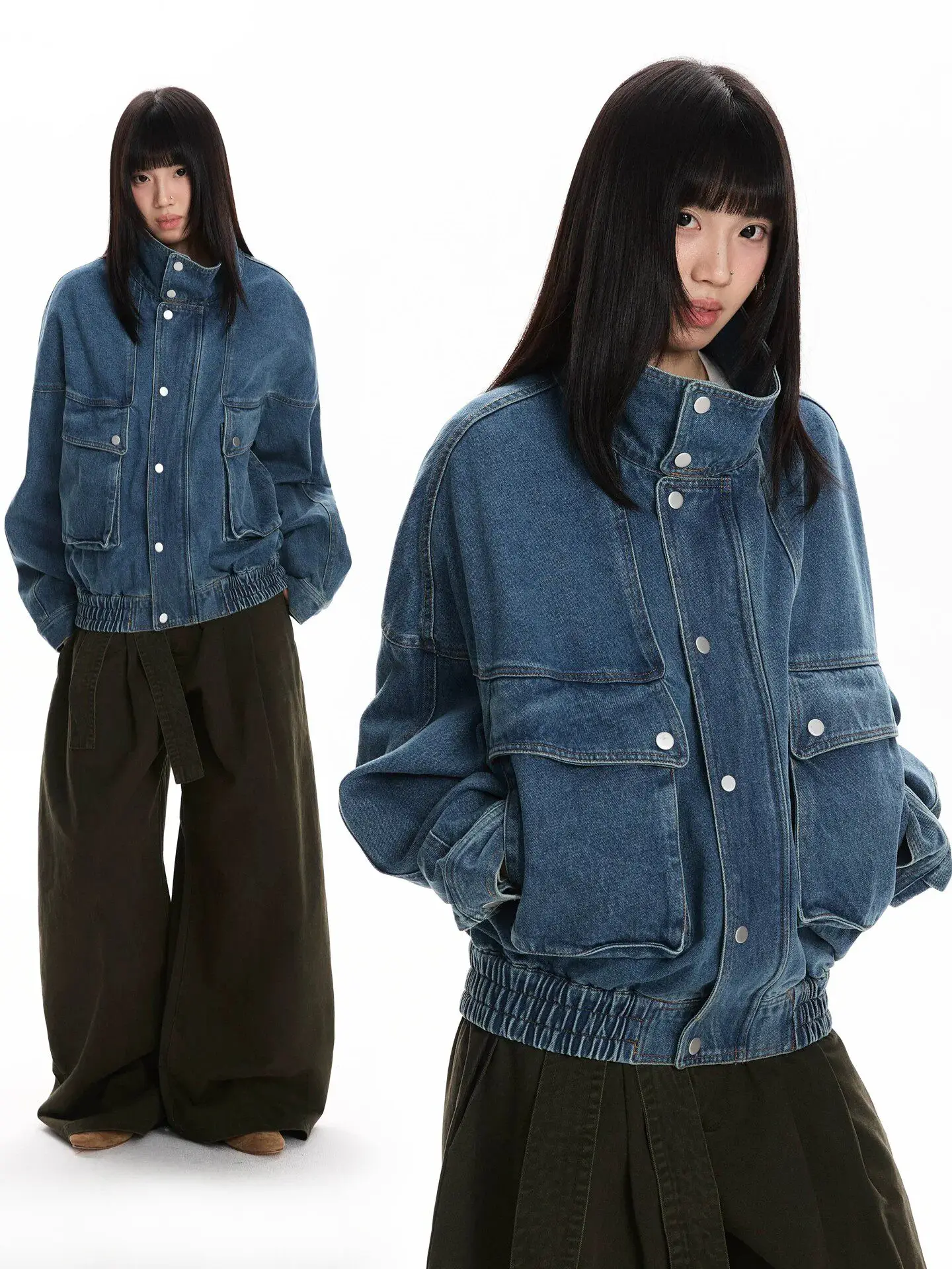 Women's Blue Denim Jacket Vintage Fashion Long Sleeve Polo-Neck Cropped Jean Jacket Harajuku Korean Outerwear 2000s Clothes