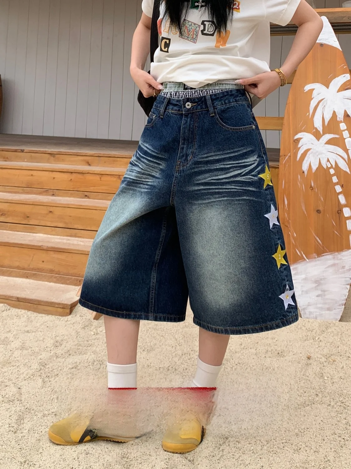 

Waed Denim Wide Leg Jeans Men's Casual Loose Fit Seven-Foot Pants Wood eep American Street Sle Embroidered orts