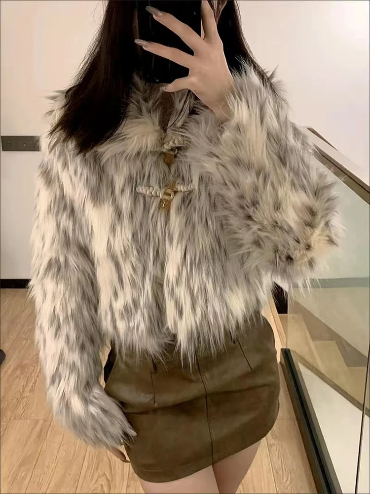 Thick Winter Coat For Women Faux Fur Turn Down Collar Fashion Short Jacket Ladies High Street Long Sleeve Warm Coats korea Style