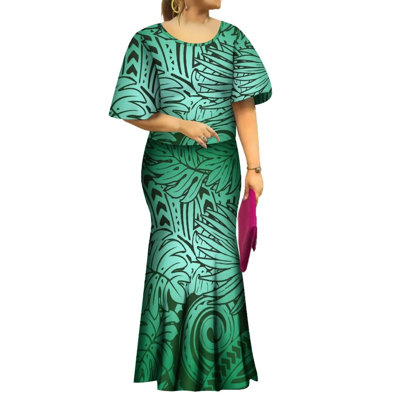 Women\'S Flared Sleeve Dress High Quality Puletasi Two-Piece Polynesian Tribe Dinner Party Elegant Fishtail Dress Plus Size 8xl