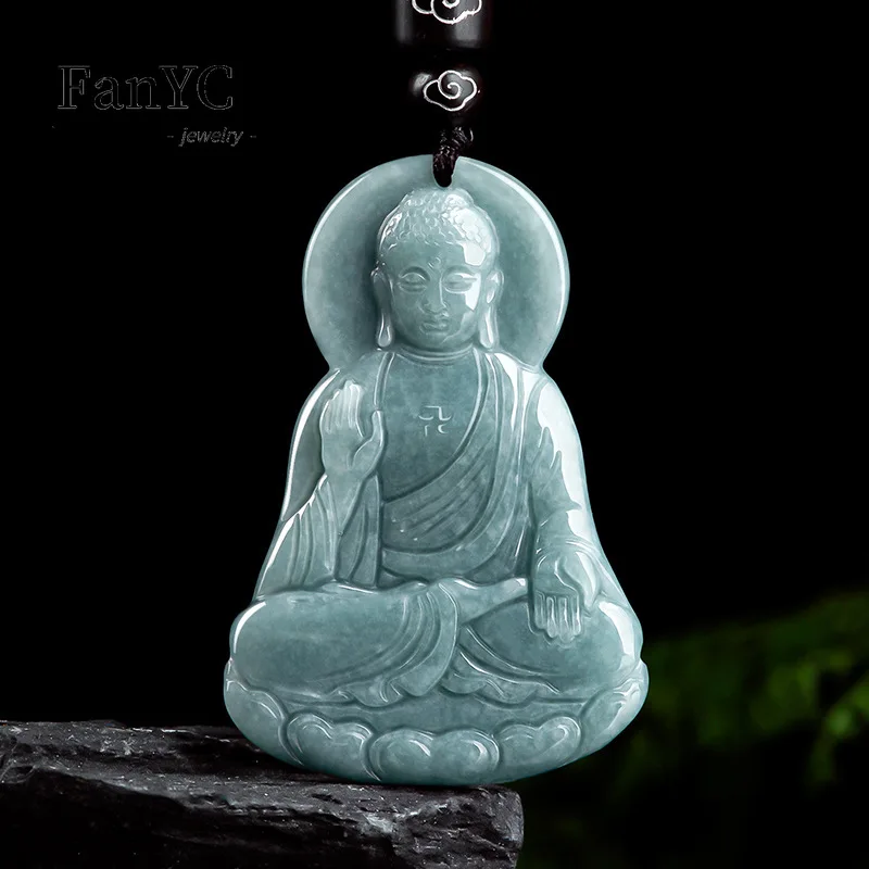 Natural A-goods Jadeite Blue Water Amitabha Pendant Hand-carved Fashion High-grade Necklace Holiday Gift for Men and Women