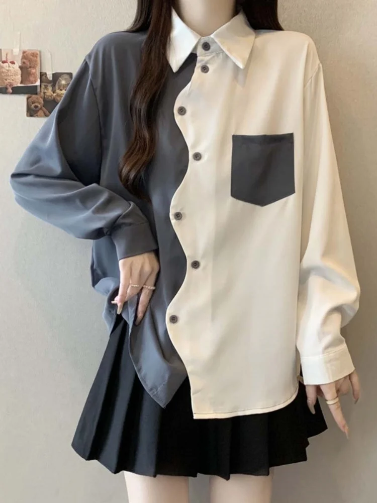 Large Size Women's Autumn Shirt Fashionable Color Block Design Irregular Long Sleeve Loose Fit Versatile Single Button Top
