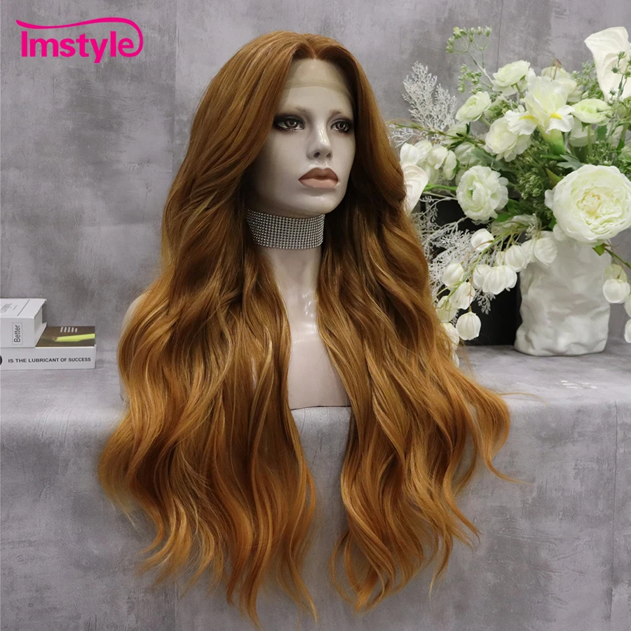 Imstyle Gold Wig T Part Synthetic Lace Front Wig Mixed Long Wavy Wigs For Women Heat Resistant Fiber Daily Cosplay Wigs