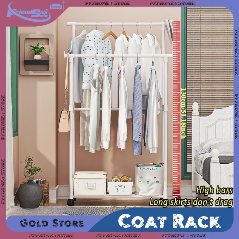 Double Rod Clothes Rack Movable Floor Standing Coat Rack Telescopic Design with Wheels Multifunctional Hanger Clothes Hats Shoes