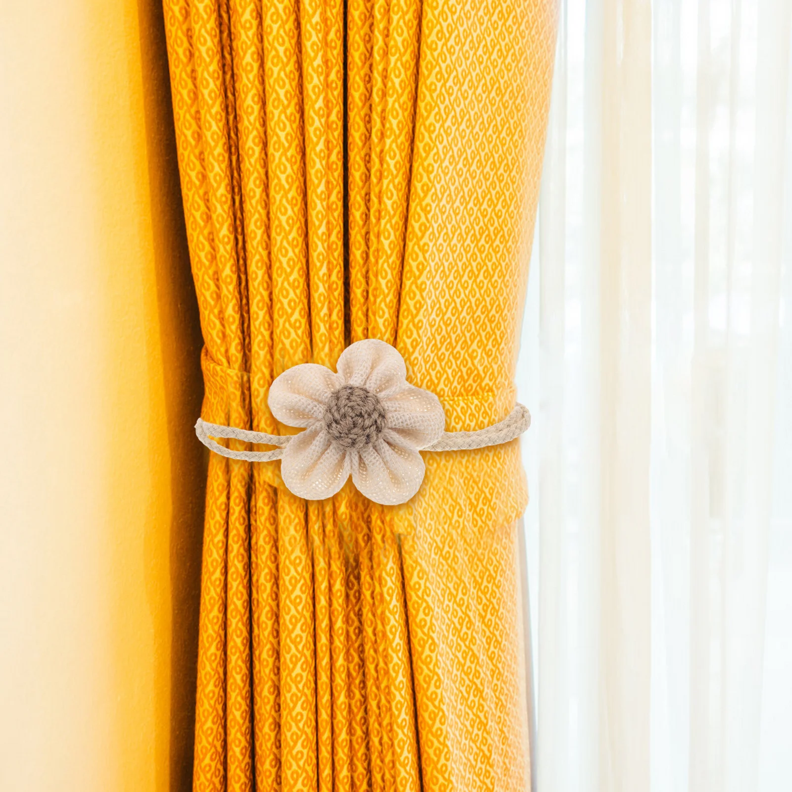 

2Pcs Curtain Tiebacks Boho Flower Rustic Jute Rope Adjustable for Sheer Drapes Window Treatment Holdbacks Home Decor