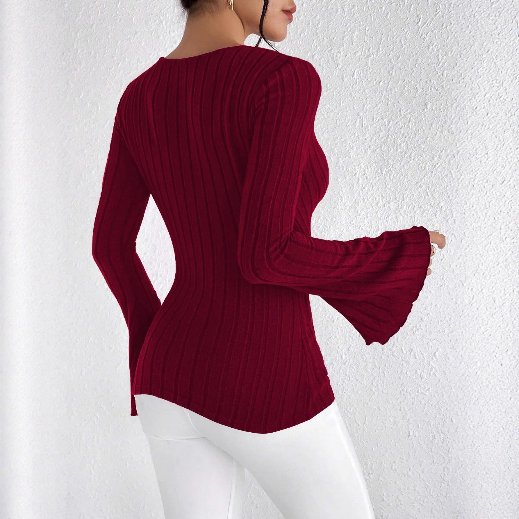 Autumn Deep V Ribbed Knit Top For Women, Slim Flare Sleeve Solid Waist Cinched Slimming T-shirt Blouse view 2