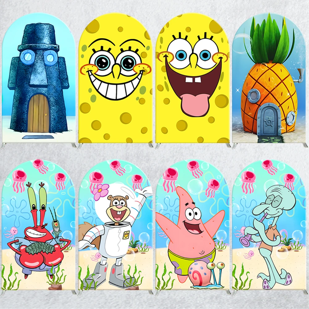 

SpongeBob Crab Burger Arch Backdrop Cover Patrick Star Child Birthday Party Spandex Fabric Cartoon image Party Background Decort