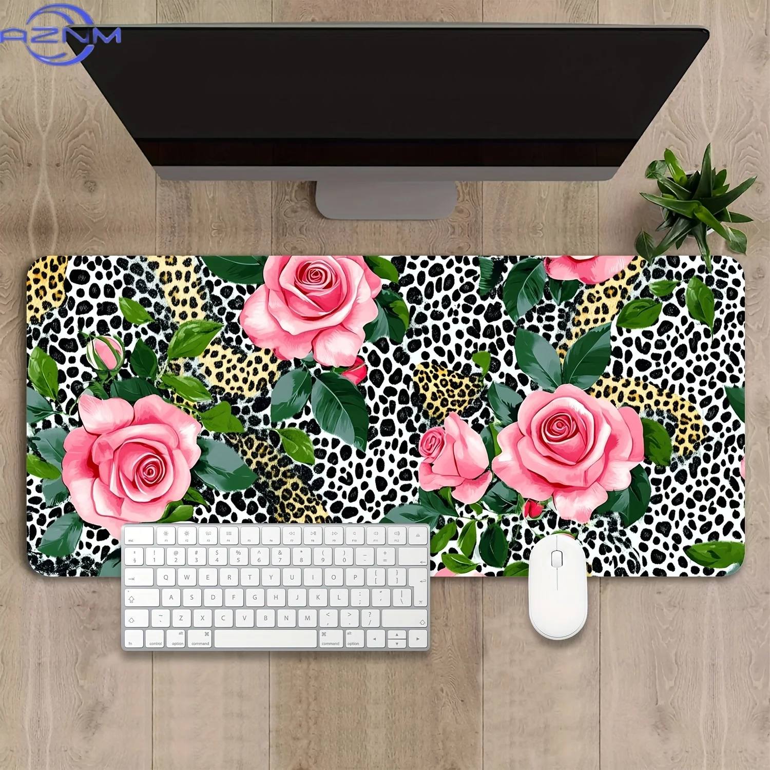Large Gaming Mouse Pad,Pink Roses and Leopard Print Desk Pad Desk Mat,Office Keyboard Pad Non-Slip Computer Mouse Pad for Work,G