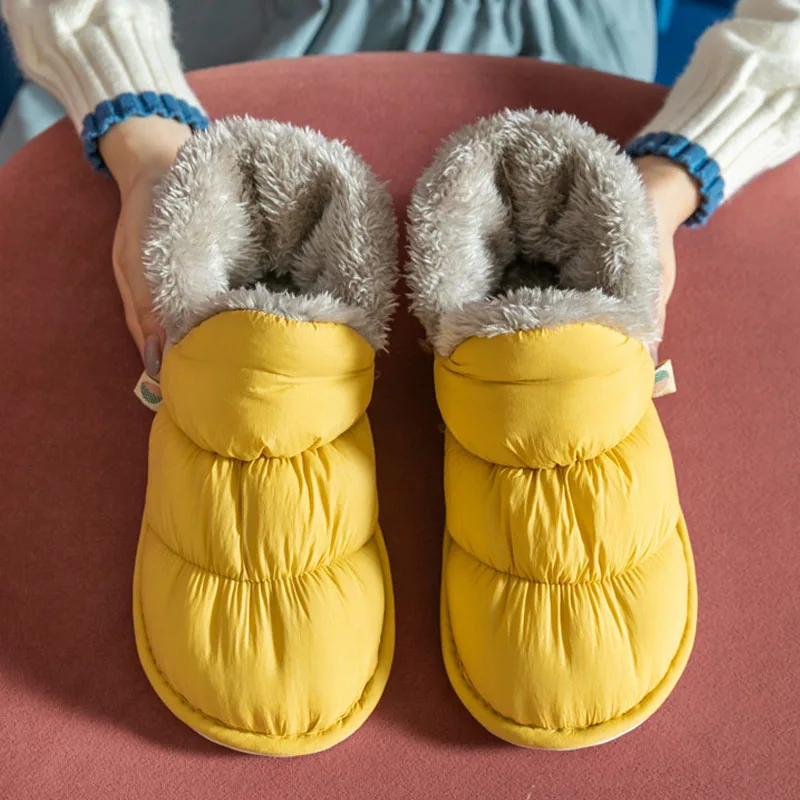 WDZKN Fashion Women Home Cotton Shoes Winter Warm Plush Slip On Slippers Waterproof Down Soft Bottom Indoor Couple Outside Shoes