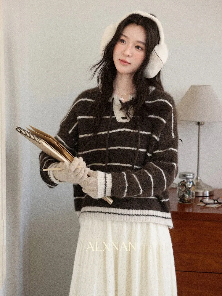 

ALXNAN винтажный полосатый коричневый свитер свободного покроя женские вязаные пуловеры осень-зима модные повседневные вязаные топы с длинными рукавами L59981