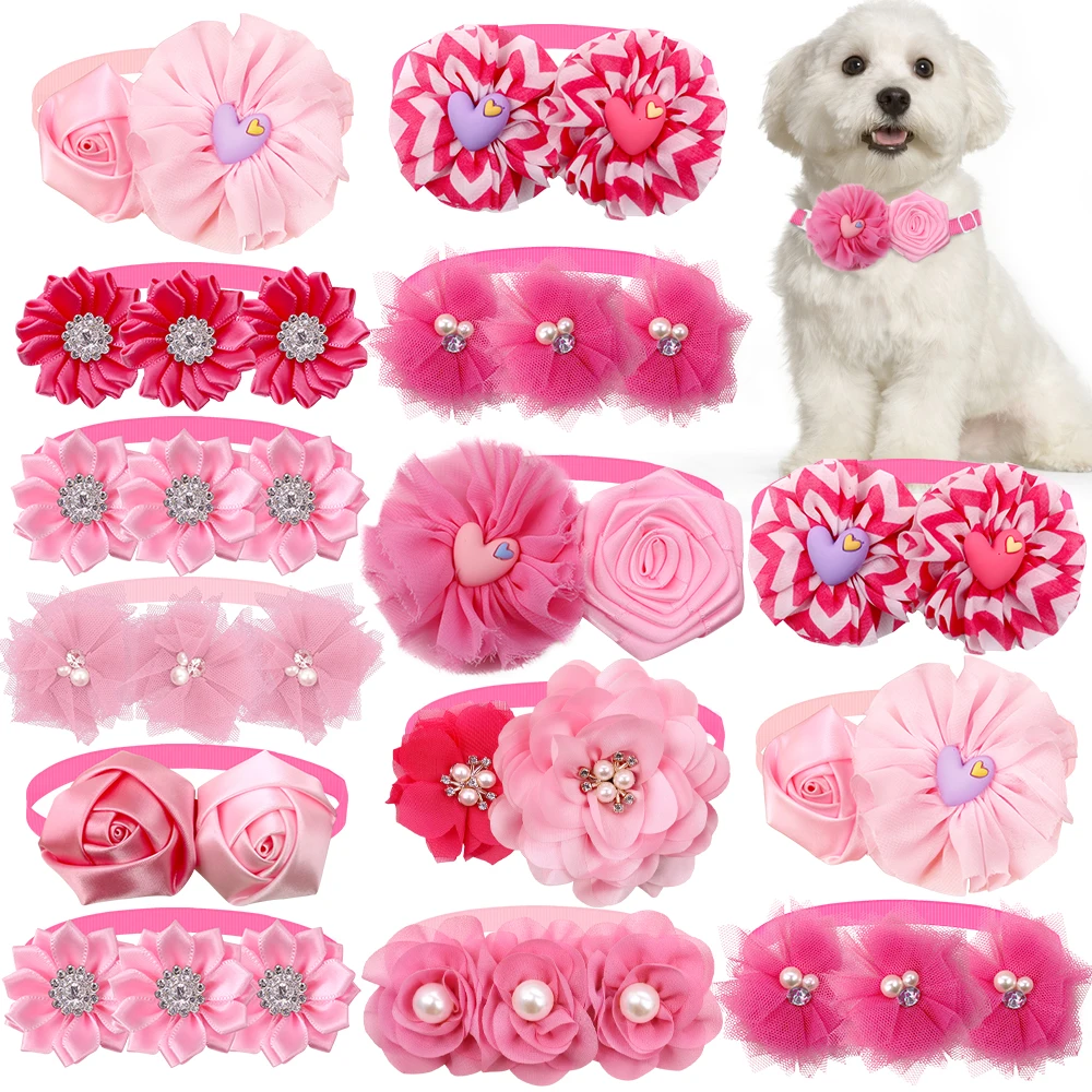 1PC Pink Style Dog Bowties Flower Valentine's Day Adjustable Dog Bow Ties Collars Sweet Cat Necklaces Pet Neck Accessories
