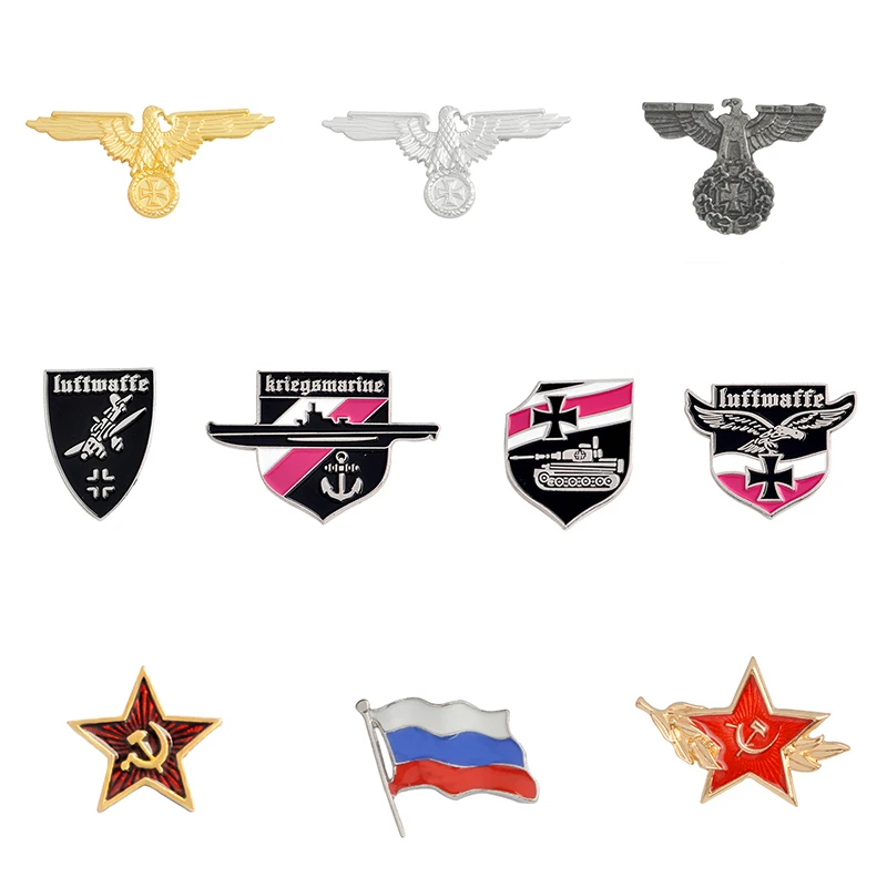 Cold War Enamel Pins Russian Flag German Tank Bombing Plane Battleship Eagle Badge Brooches Lapel pin Gift Military Enthusiast