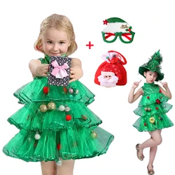 2025 Girls Xmas Tree Dresses Green Elf New Year Clothes Christmas Green Tulle Tutu Dress With Hat Toddler Kids Ball Gown Outfits