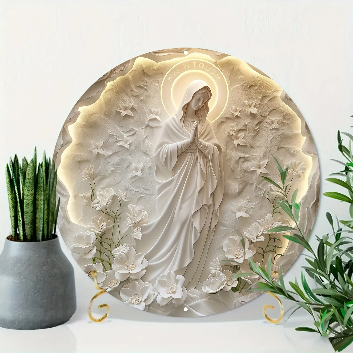 3D Maria Sculpture Aluminum Poster Board, 8 Inch Religious Round Wall Art with Garland, Floating Statue Design for Home