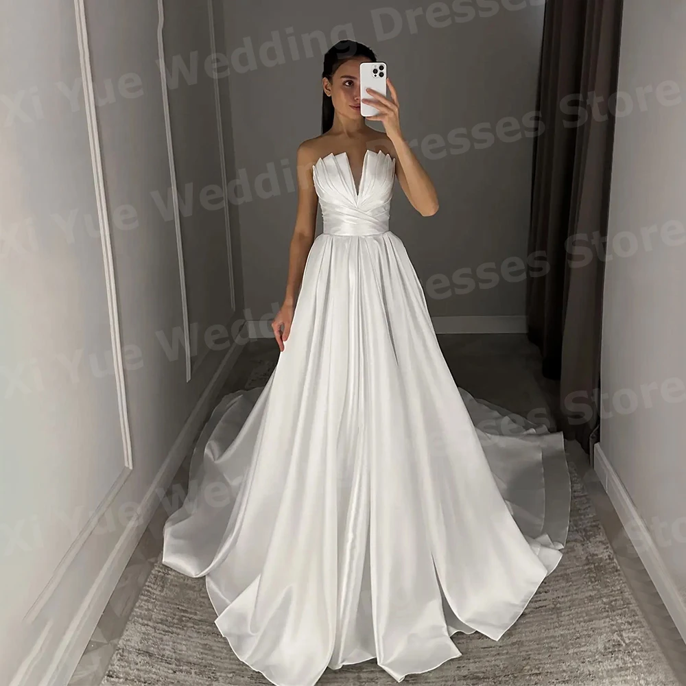 2025, elegante A-Linie-Hochzeitskleider für Damen, ärmellos, Vestidos De Novia, Brautkleider, maßgeschneidert, Satin, rückenfrei, Hochzeitskleid